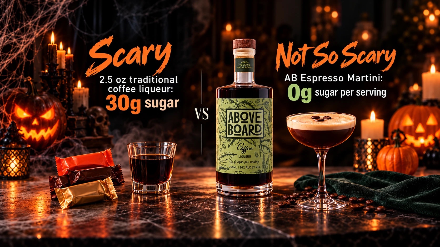 Scary vs not so scary: 2.5 oz of traditional coffee liqueur has 30g of sugar, while the AB Espresso Martini made with Above Board sugar-free coffee liqueur has 0g sugar per serving
